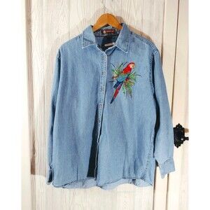 Womens Cptton Denim Shirt EMBROIDERED PARROT bird Tropical 2XL